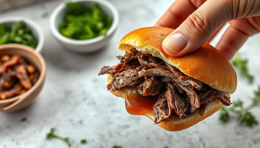 Pulled beef sandwich dipped in au jus on counter.