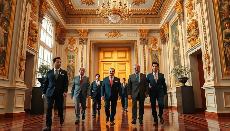 Government officials entering ornate room; UK trade performance theme