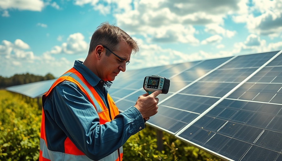 Engineer using thermal camera on solar farm for climate change solutions.