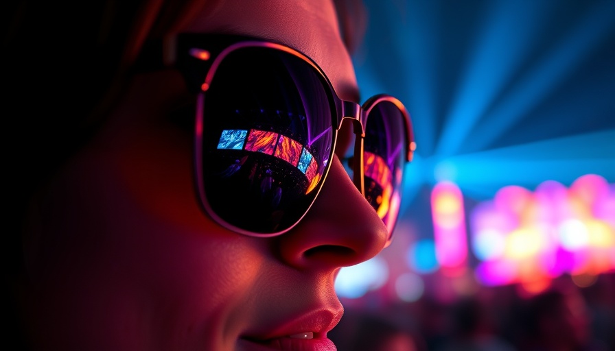 Close-up of person with reflective sunglasses at a concert.