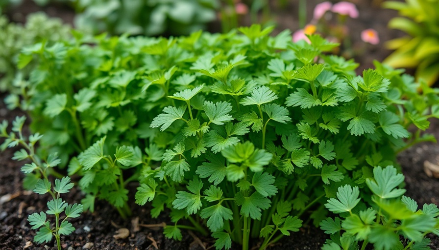 Vibrant green cilantro with lush companion plants in garden.