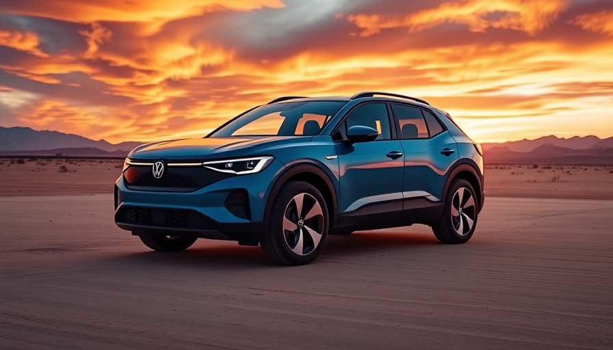 Volkswagen ID.4 SUV in desert at sunset, relating to VW emissions scandal.