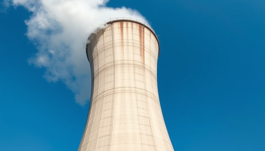 Cooling tower emitting steam in blue sky, nuclear fission startups.