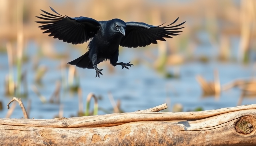 Richmond crow behavior showcased as a crow jumps over a log in a natural marshland.