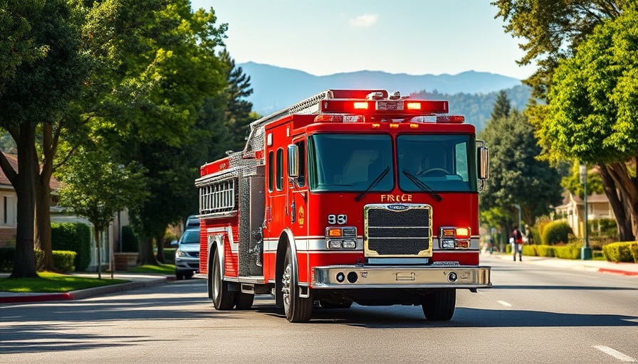 Marin County fire truck driving in suburban area.