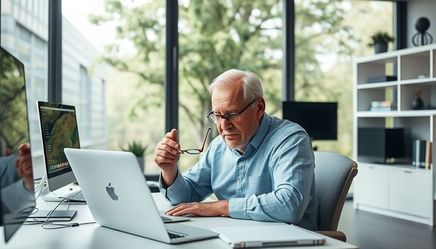 Senior man experiencing digital overload at desk.