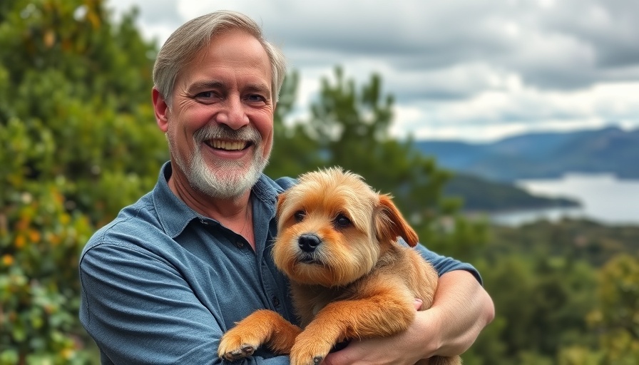 Man successfully finding lost pet dog near lake with green background.