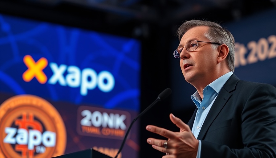 Prominent speaker at cryptocurrency event in Nashville backdrop with Xapo Bank and Bitcoin 2024 logos.