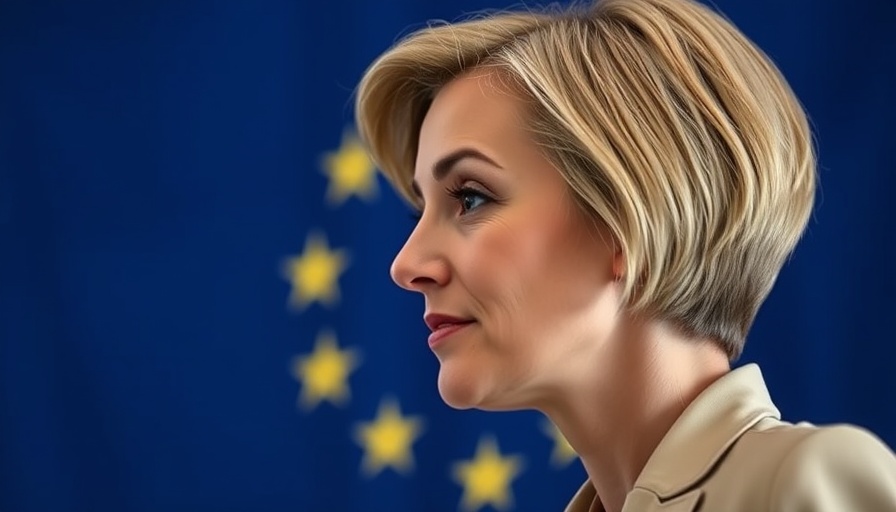 EU official appearing thoughtful against EU flag backdrop during trade talks.