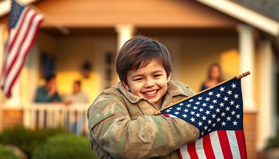 Soldier embraces child with flag, Memorial Day setting