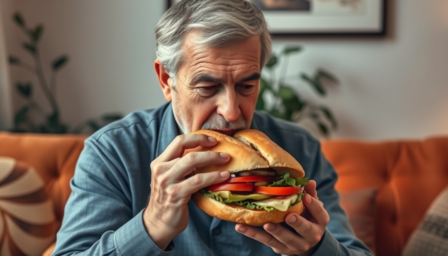 Man overindulging in a substantial sandwich indoors.