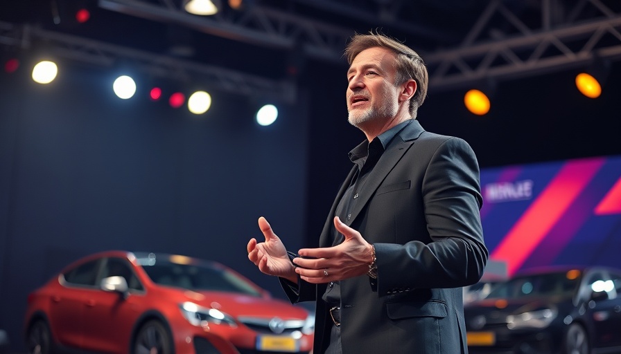 Man on stage discussing Tesla Robotaxi Launch with cars