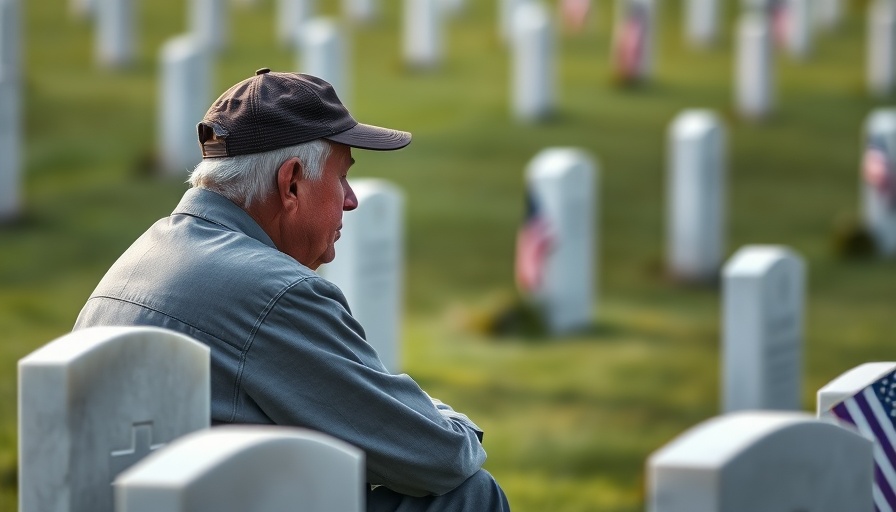 Memorial Day scene of elderly man at military cemetery, solemn tribute.