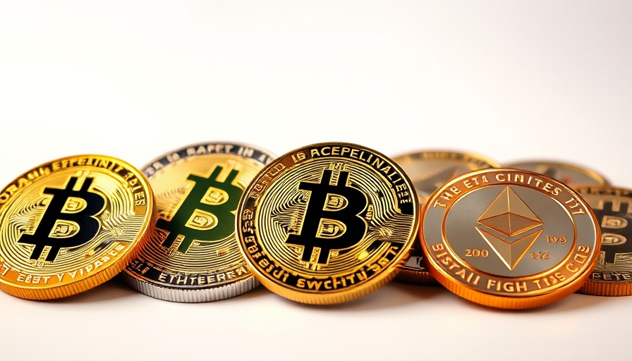 Cryptocurrency coins including Bitcoin and Ethereum, detailed and shiny.
