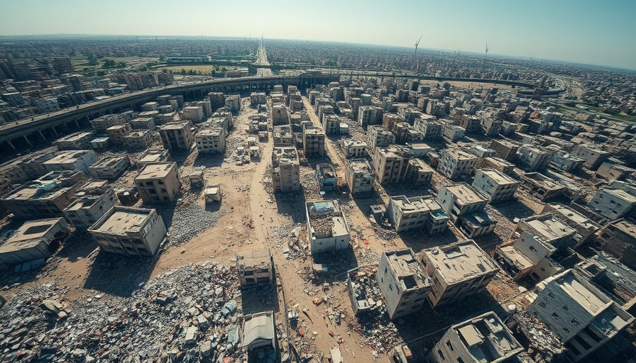 Aerial view of destruction in Gaza with ruins and tents under a clear sky.