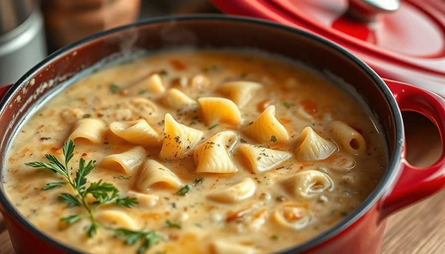 Lighter white lasagna soup in a red pot with pasta and herbs.