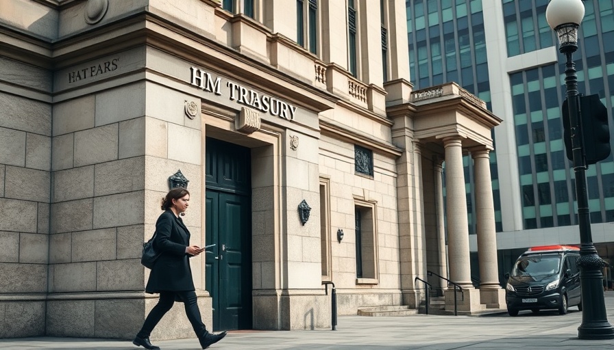 HM Treasury building facade, person walking nearby, UK finance scene