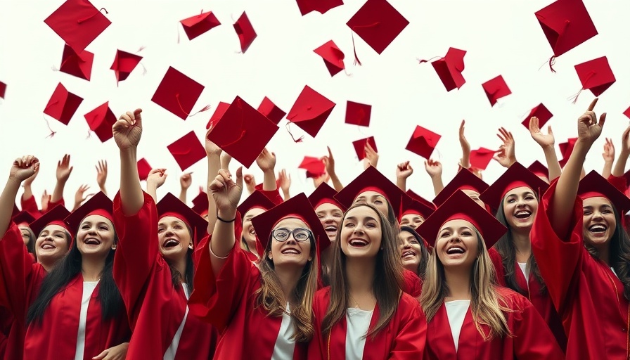 Graduates celebrating, throwing caps, achieving goals.