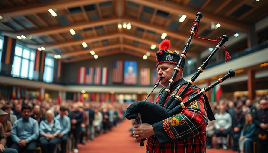 Marin County Memorial Day observance with bagpipe player and crowd indoors.