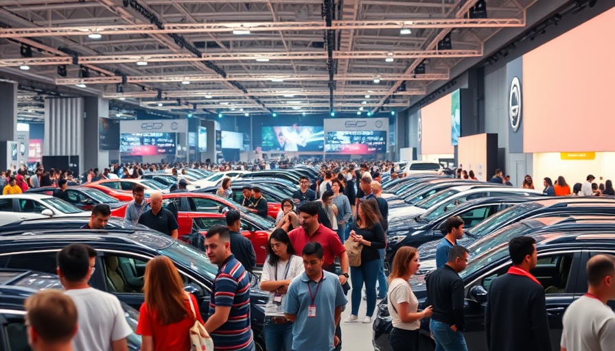 Car exhibition with attendees exploring vehicles