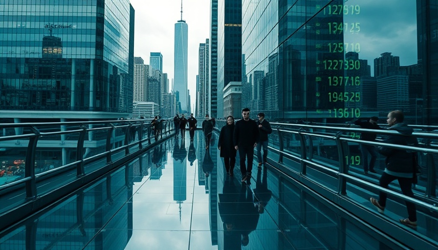 Reflected city scene with people and stock market data, symbolizing Lem Holding sales drop.