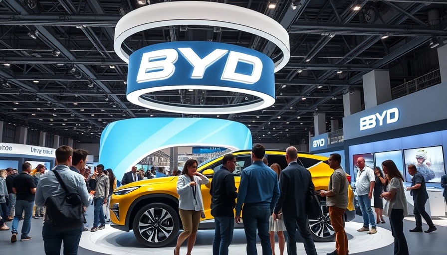 BYD exhibition booth with attendees interacting with a yellow car.
