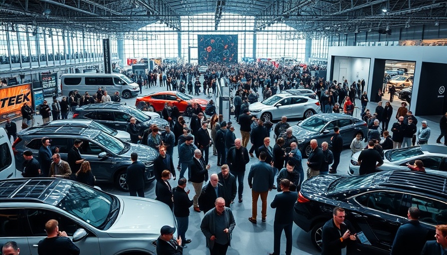 Automotive exhibition showcasing technology and innovation, crowded setting.