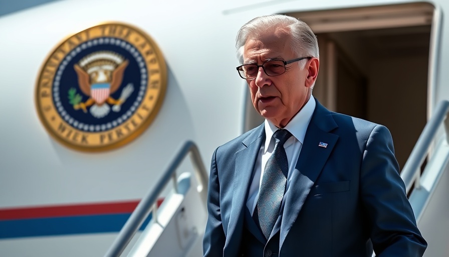 Distinguished older man exiting plane with presidential seal, bright daylight.