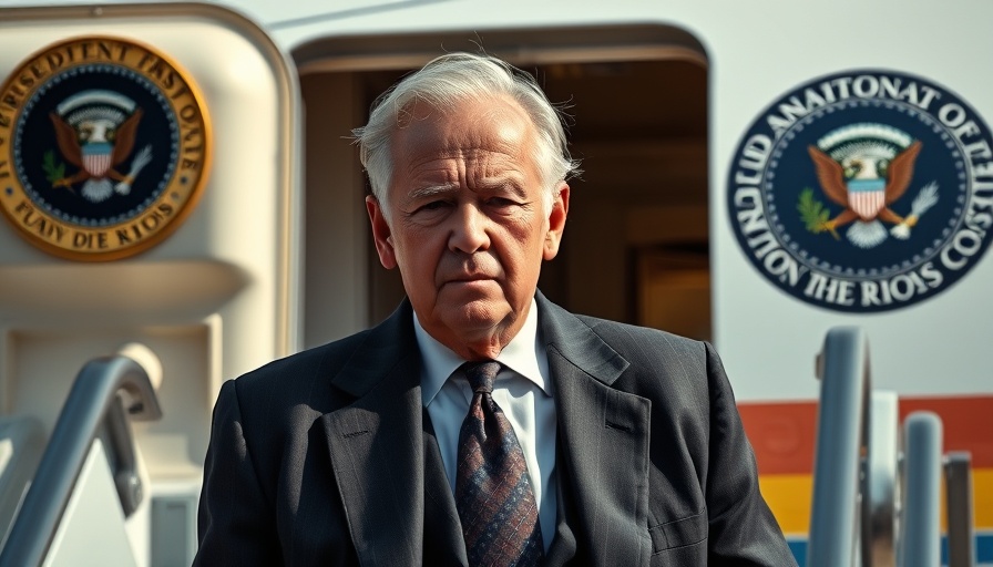 Older man exiting plane with serious expression.
