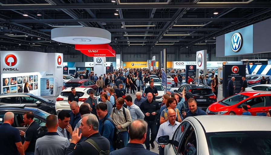 Crowd at automotive exhibition showcasing vehicles and logos.
