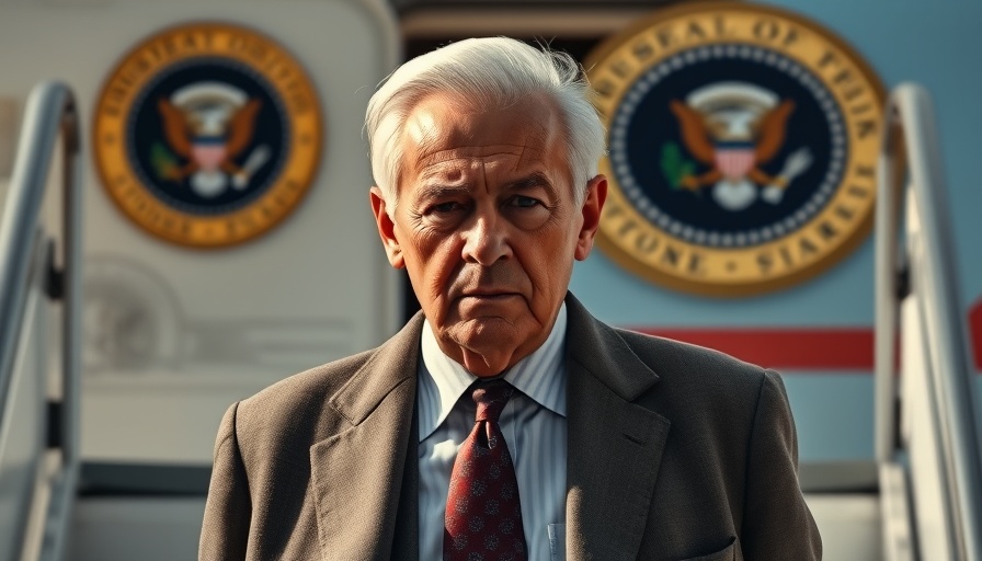 Prominent individual descending airplane steps with serious expression