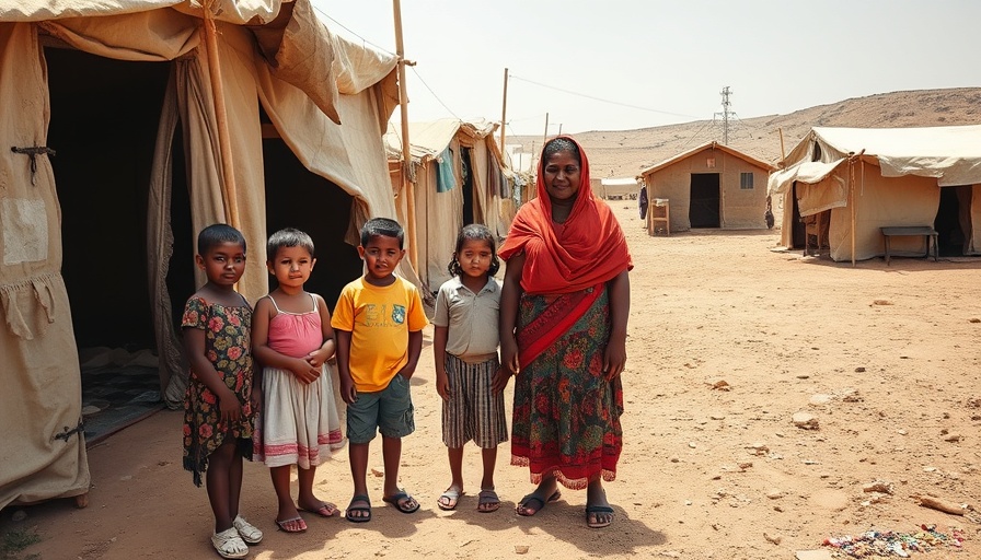 Family in vibrant clothing outside tents in arid refugee camp, Iran Iraq.