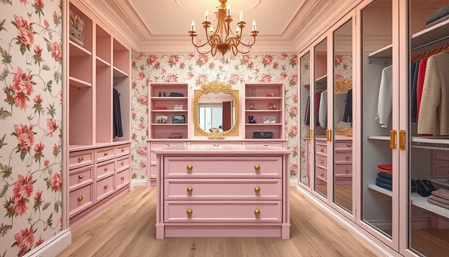 Bright walk-in closet with pink island paint color and floral wallpaper.