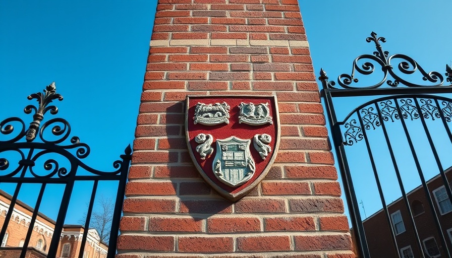 Harvard coat of arms on brick wall representing reduced federal contracts.
