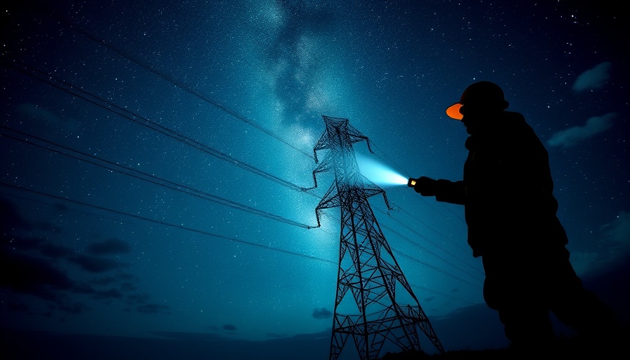 Worker inspecting power pylon at night under starry sky, addressing data center capacity in the grid.