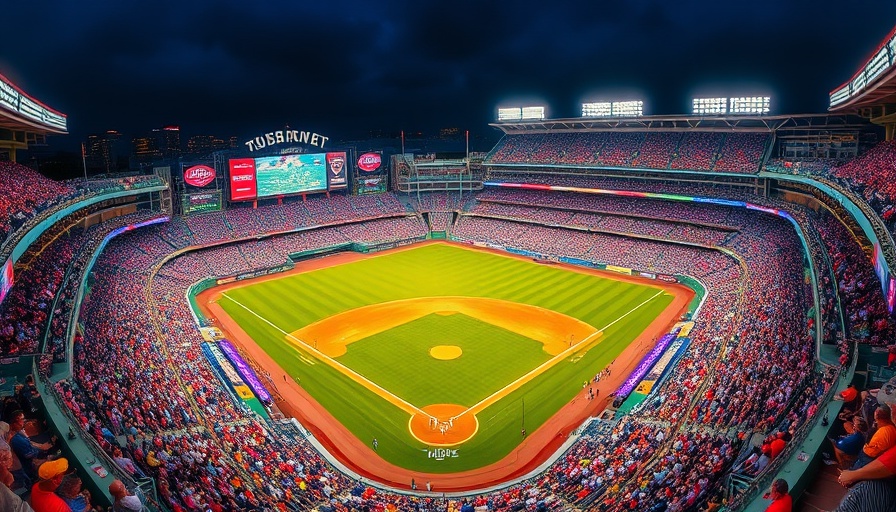 Aerial view of a bustling baseball stadium during a game.