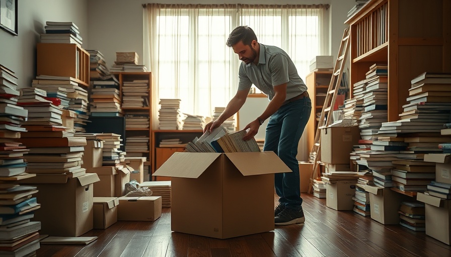 Packing books for moving in an organized cardboard box on the floor.