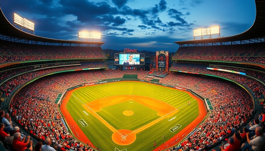 High-energy baseball stadium scene at sports watch party.