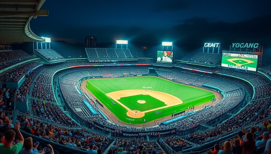 Aerial view of a crowded baseball stadium at night.