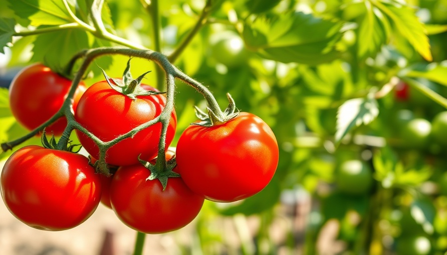 Cluster of ripe tomatoes in garden sunlight, leafy background.