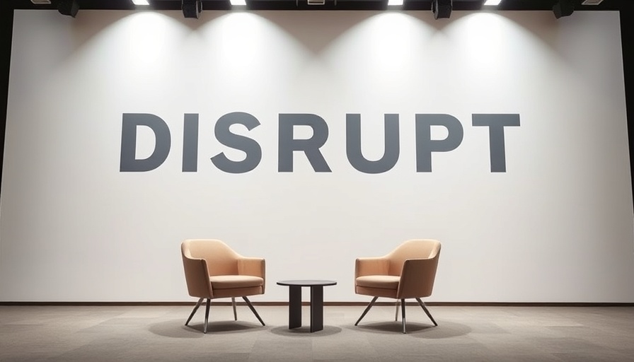 Tech conference stage with DISRUPT sign, related to Netflix password-sharing strategy.