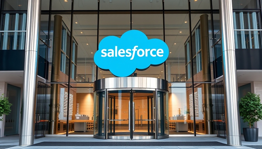 Salesforce logo on sleek corporate building entrance, modern design.