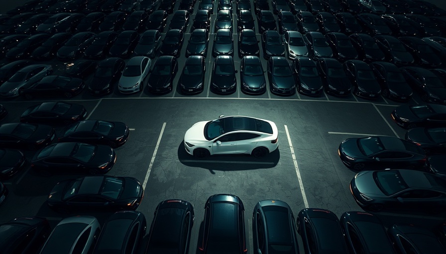 Tesla sales decline in Europe shown with aerial view of parked cars.