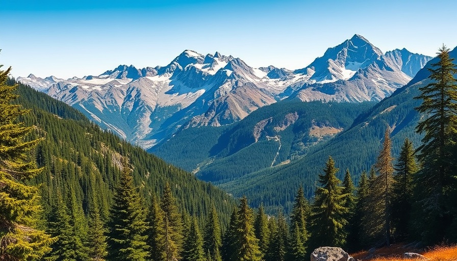 Majestic Colorado mountain range with lush trees under blue sky.