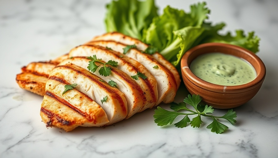 Modern Green Goddess sauce with grilled chicken and greens on table.