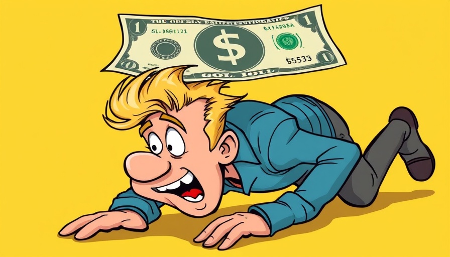 Cartoon of a man crawling under a large fantasy currency bill in a satirical style.