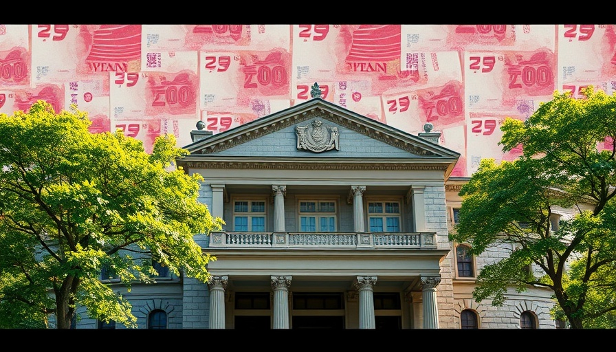Japanese bonds rally visual, historic bank with yen notes.