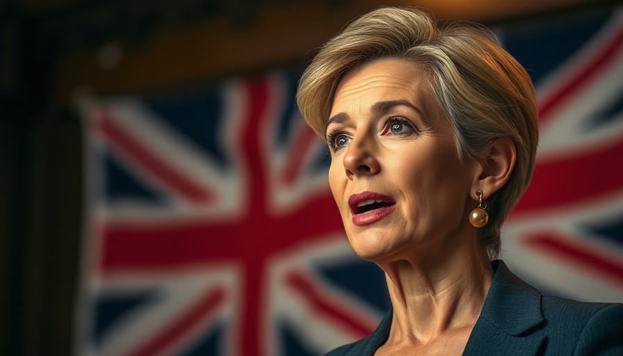 Confident woman discusses UK fiscal rules reform, British flag in background.
