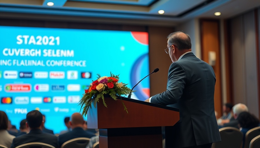 Fiercely independent ASEAN speaker at conference with floral podium.