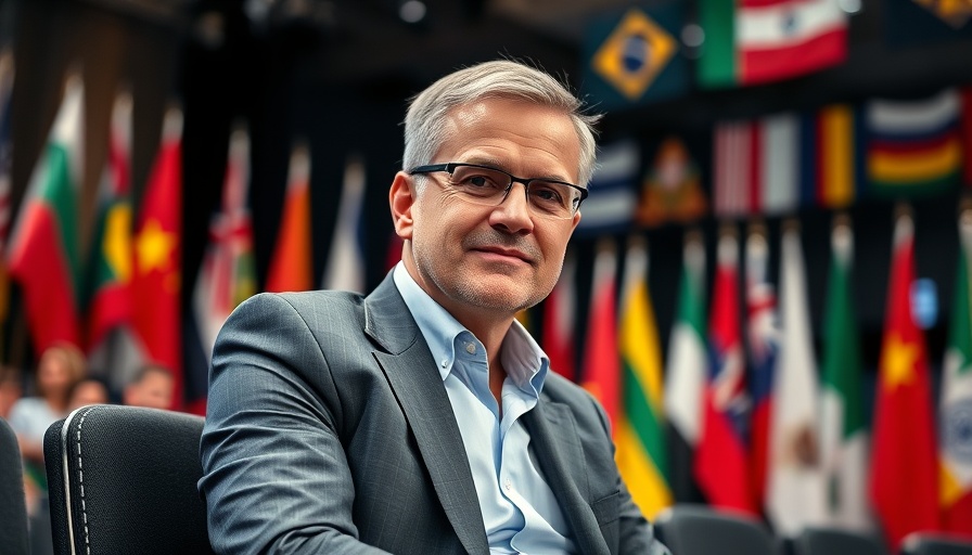 Confident University of Florida leadership figure with flags in background